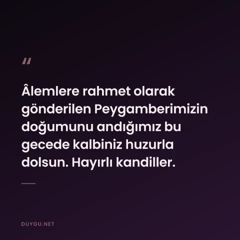 Âlemlere rahmet olarak gönderilen Peygamberimizin doğumunu andığımız bu gecede kalbiniz huzurla dolsun. Hayırlı kandiller.