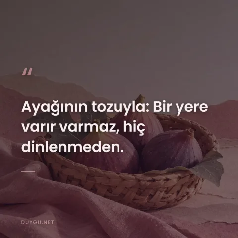 Ayağının tozuyla: Bir yere varır varmaz, hiç dinlenmeden.