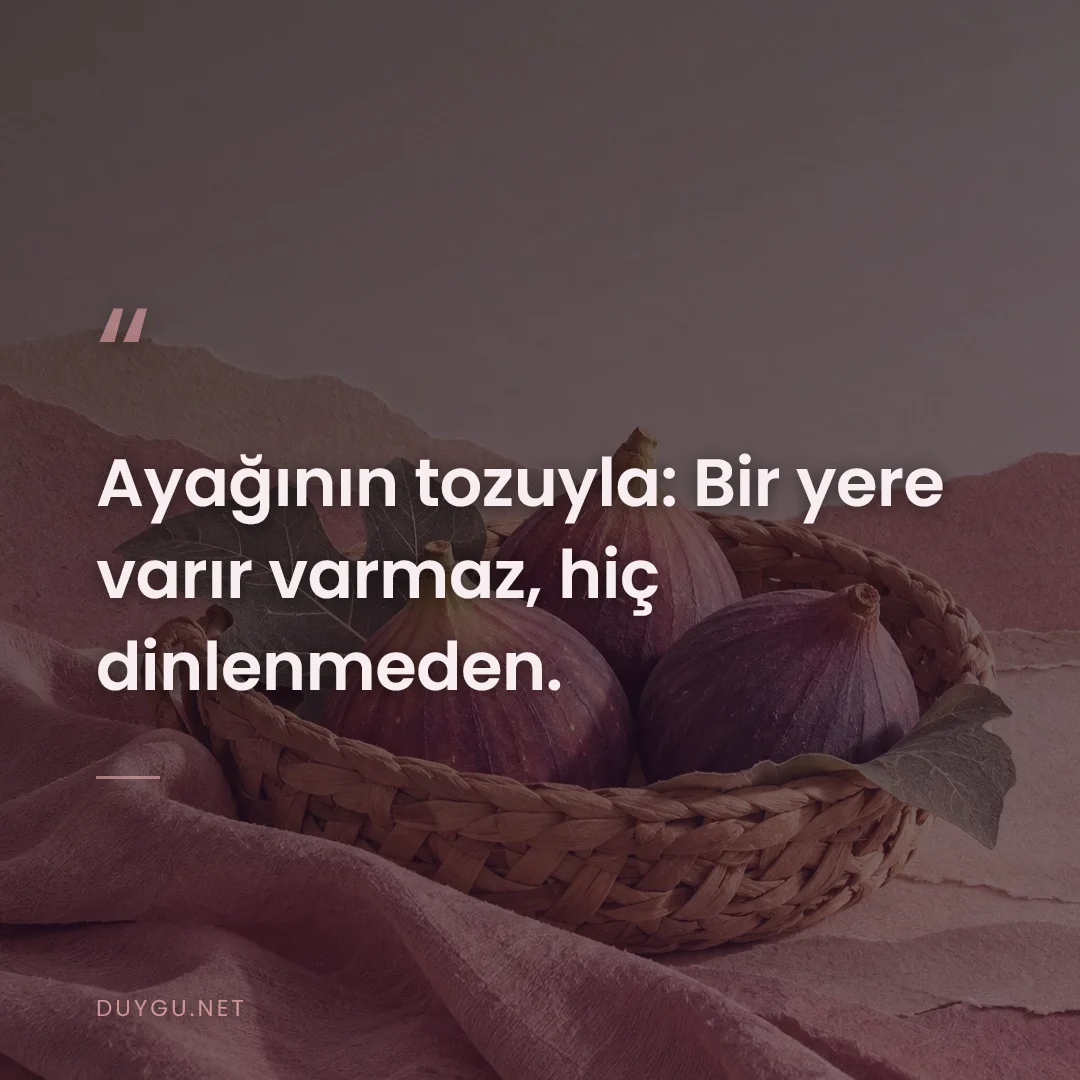 Resimli söz: Ayağının tozuyla: Bir yere varır varmaz, hiç dinlenmeden.