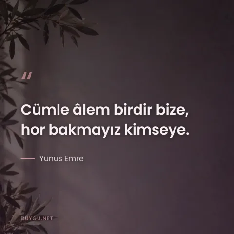 Cümle âlem birdir bize, hor bakmayız kimseye. — Yunus Emre