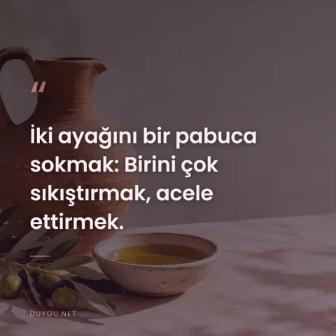 İki ayağını bir pabuca sokmak: Birini çok sıkıştırmak, acele ettirmek.