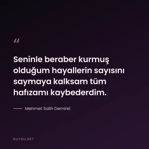 Seninle beraber kurmuş olduğum hayallerin sayısını saymaya kalksam tüm hafızamı kaybederdim. — Mehmet Salih Demirel