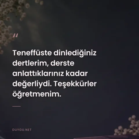 Teneffüste dinlediğiniz dertlerim, derste anlattıklarınız kadar değerliydi. Teşekkürler öğretmenim.